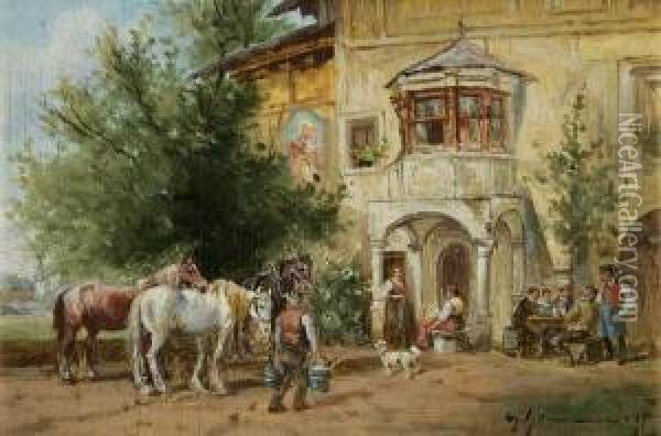 Pferde Und Bauern Vor Dem Wirtshaus Oil Painting - Georg Hemmrich