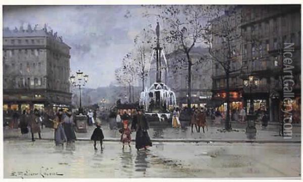 Gouache Signee En Bas A Gauche <la Place Du Theatre Francais>. Oil Painting - Eugene Galien-Laloue