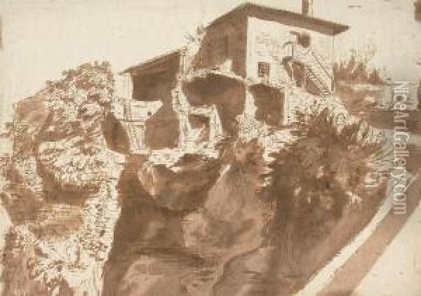 An Italian Farmhouse On A Rocky Crag Oil Painting - Cornelis Van Poelenburch