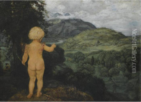 Amor Als Landschaftsmaler (cupid As Landscape Painter) Oil Painting - Hans Thoma
