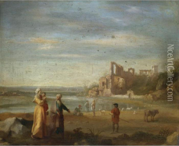 An Italianate Landscape With Abraham, Hagar And Ishmael Oil Painting - Cornelis Van Poelenburch