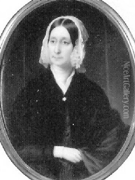 Catherine Bohlen Of Philadelphia, Holding A Wine Coloured Stole, Wearing Black Cape Over Blue Dress Oil Painting - John Henry Brown