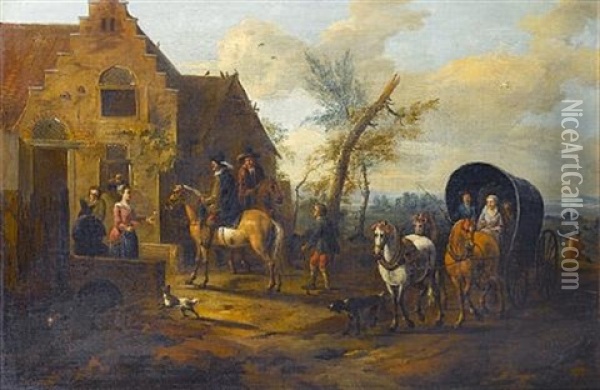 Horsemen Halting At A Country Inn With Travellers Passing By Oil Painting - Barend Gael