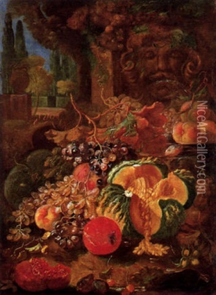 Frutta In Un Giardino Con Una Fontana Oil Painting - Giovanni Paolo Castelli (lo Spadino)