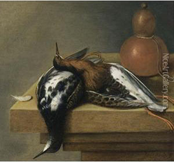 A Still Life Of Two Birds On A Wooden Table Oil Painting - J.B. Wijtvelt