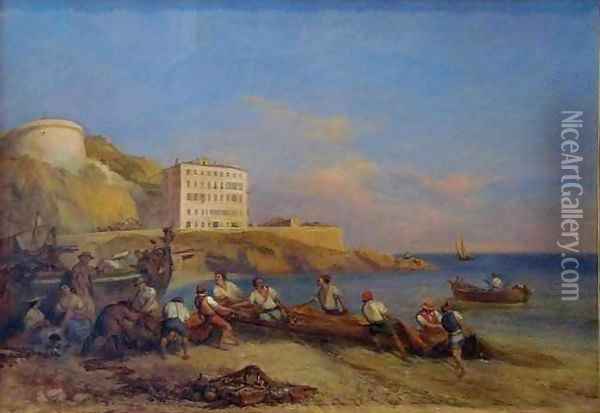 Fishermen Pulling Their Nets on the Seas Edge at Ponchettes Oil Painting - Ercole Trachel