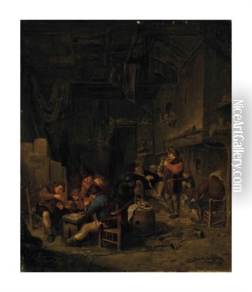 Paysans Buvant Et Jouant Aux Cartes Dans Une Taverne Oil Painting - Adriaen Jansz van Ostade