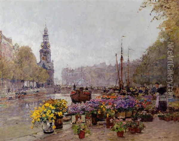 The Flower Market Along The Singel, Amsterdam, With The Muntorren Beyond Oil Painting - Hans Herrmann