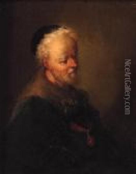 Portrait Of An Old Man, Half-length, In A Fur-lined Coat Wearing Anorder Medal Oil Painting - Christian Wilhelm Ernst Dietrich