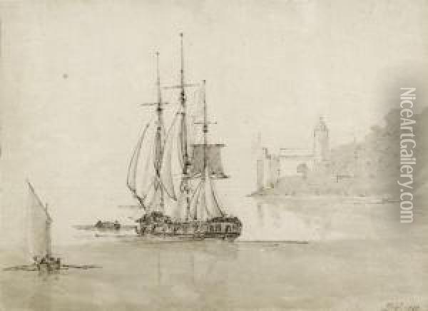 Ships Before A Coastal Landscape Oil Painting - Pierre-Jacques Volaire