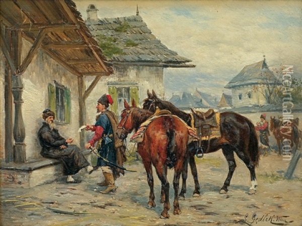 Patrol. In The Country Town Oil Painting - Ludwig Gedlek