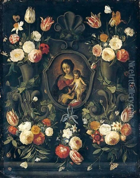 A Stone Cartouche Adorned With Flowers And Butterflies, Surrounding An Image Of The Virgin And Child With The Infant Saint John The Baptist Oil Painting - Jan van Kessel