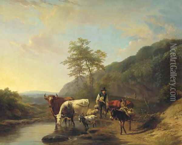A shepherd and his flock in an Italianate landscape Oil Painting - Frans Lebret