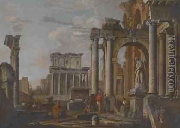 Ruins with the Temple of Antonius and Faustina, c.1727-30 Oil Painting - Giovanni Paolo Panini