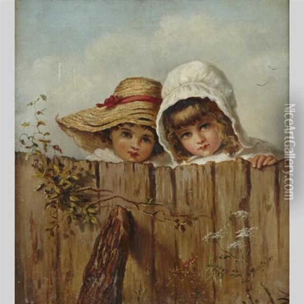 White Bonnet And Straw Hat - A Double Portrait Of Two Young Girls Oil Painting - Laura Adeline Muntz