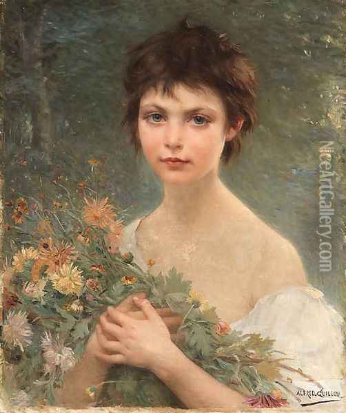 A young girl with wild flowers Oil Painting - Alfred Guillou