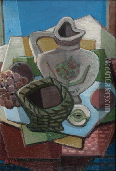 Still Life With Jar And Fruits - Standing Nude (recto/verso) Oil Painting - Dorothea Maetzel-Johannsen