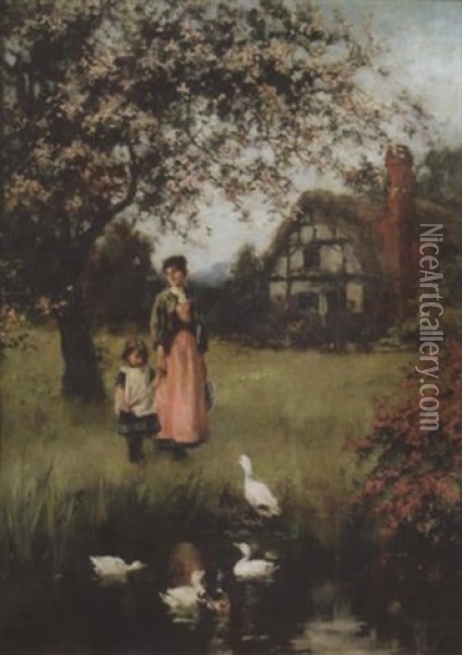 View Of A Timbered Thatched Cottage With A Mother And Young Girl Under A Blossom Tree Oil Painting - Henry John Yeend King