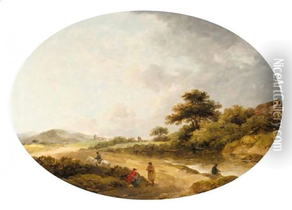 Rustics By A River In A Wooded Landscape Oil Painting - George Morland