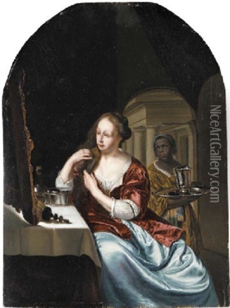 A Woman At Her Toilet With An Attendant Oil Painting - Willem van Mieris