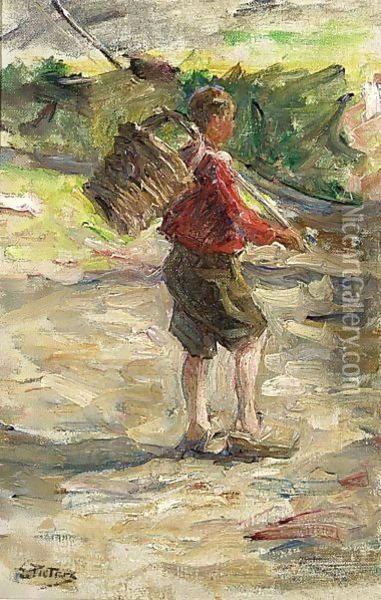 A Boy On Wooden Shoes Carrying A Basket Oil Painting - Evert Pieters