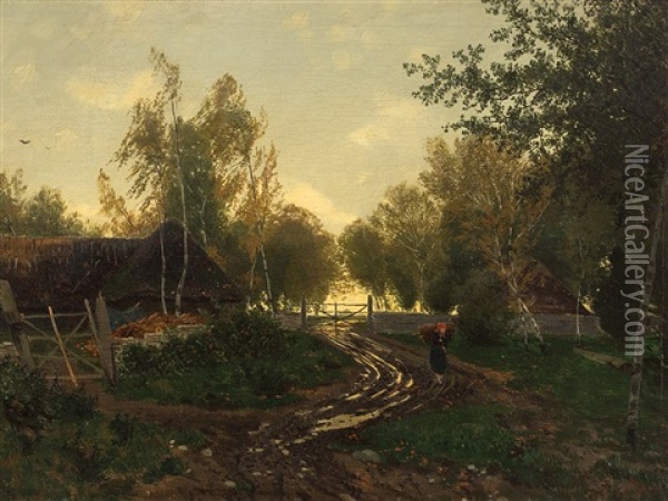 Farmstead With Woman Oil Painting - Ferdinand Theodor Hoppe