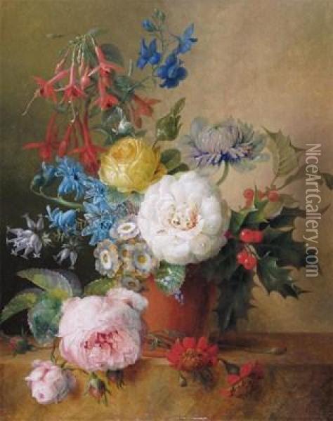 Still Life Of Roses, Fuchsia And Holly In A Vase Oil Painting - Willem Hekking