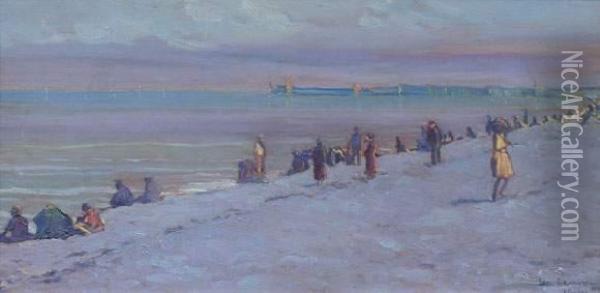 La Plage A Dieppe (1921) Oil Painting - Leon Kaufmann