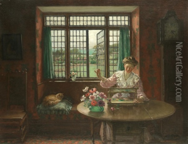 Lady Sewing By An Open Window Oil Painting - William Banks Fortescue