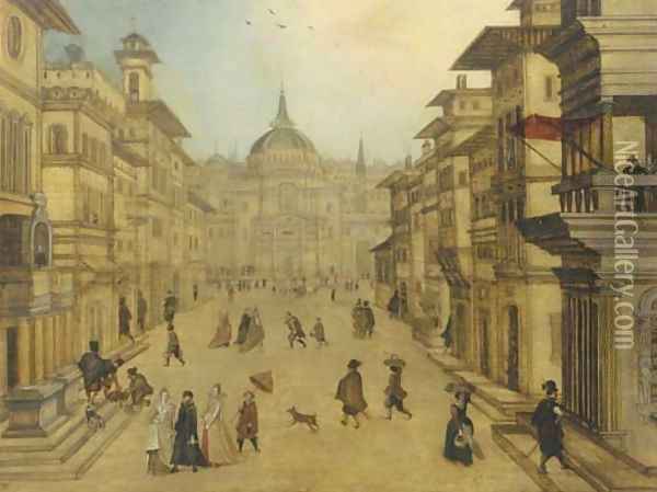 Elegant figures strolling in a Renaissance town Oil Painting - Louis de Caullery
