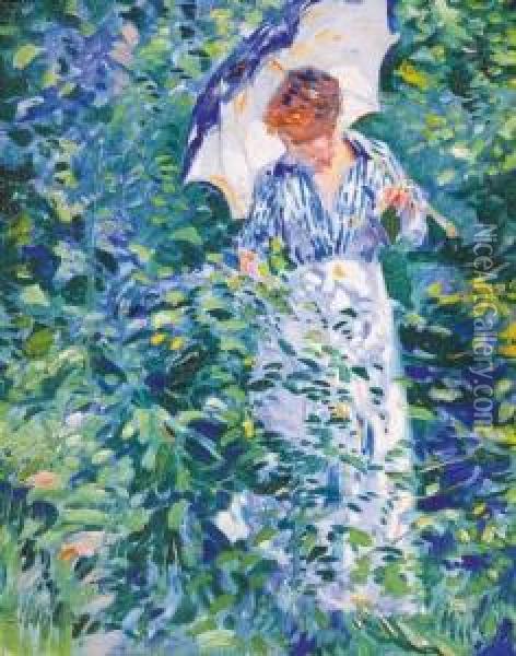 Vrouw Met Parasol - Femme Tenant Une Ombrelle Dans Un Jardin Fleuri (jaren '20) Oil Painting - Franz Bernard Gailliard