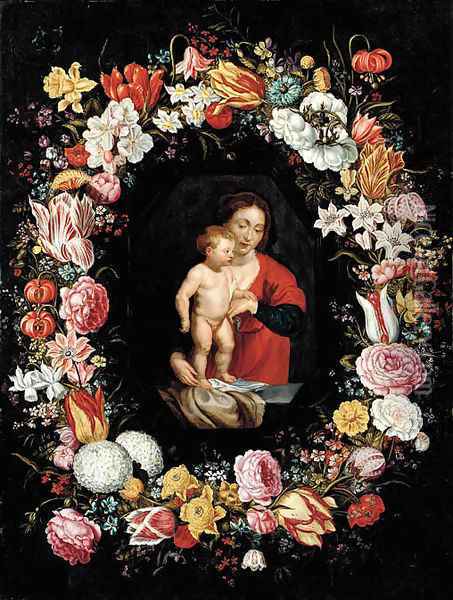 The Virgin and Child surrounded by a garland of flowers Oil Painting - Andries Daniels or Danielsz