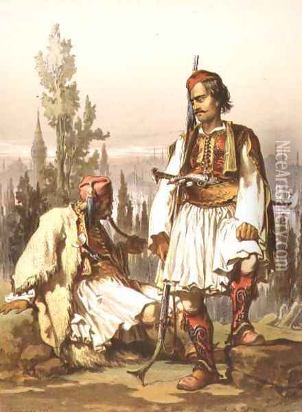 Albanians, mercenaries in the Ottoman army, pub. by Lemercier, 1857 Oil Painting - Amadeo Preziosi