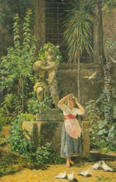 Madchen Mit Tauben Vor Statue In Verwildertem Garten Oil Painting - Cesare Caroselli