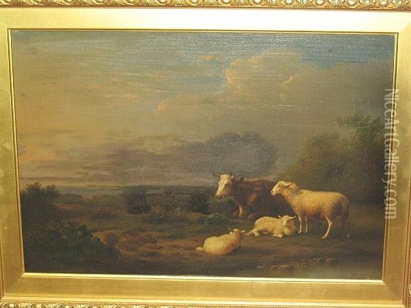 Cow And Sheep In A Meadow Oil Painting - Franz van Severdonck