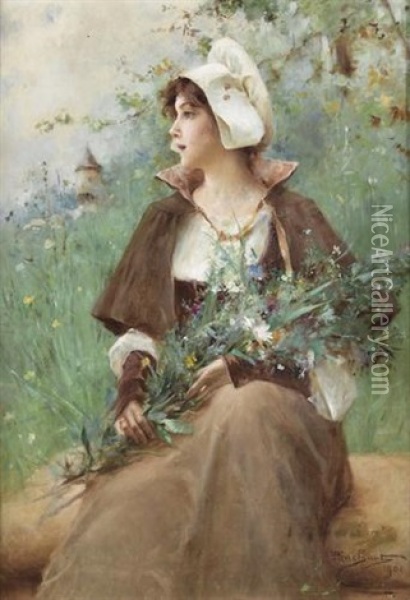 Jeune Femme Avec Bouquet De Fleurs Oil Painting - Emile Auguste Pinchart