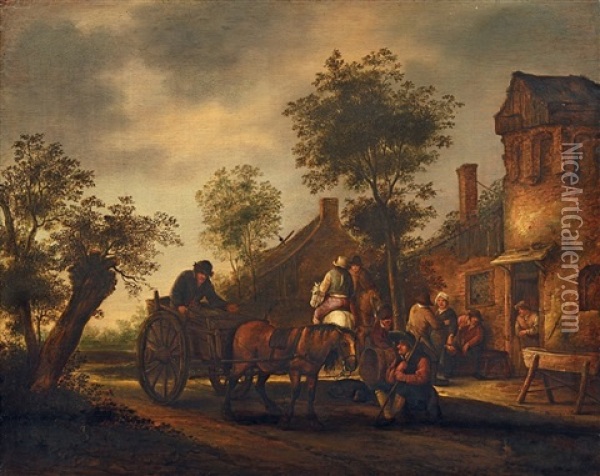 Fuhrwerk Und Reiter Vor Einem Haus Oil Painting - Isaac Van Ostade
