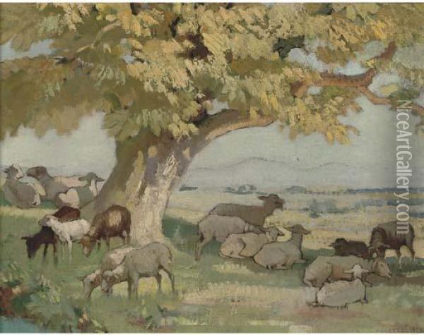 Sheep Grazing Under A Tree Oil Painting - Adolphe Pierre Valette