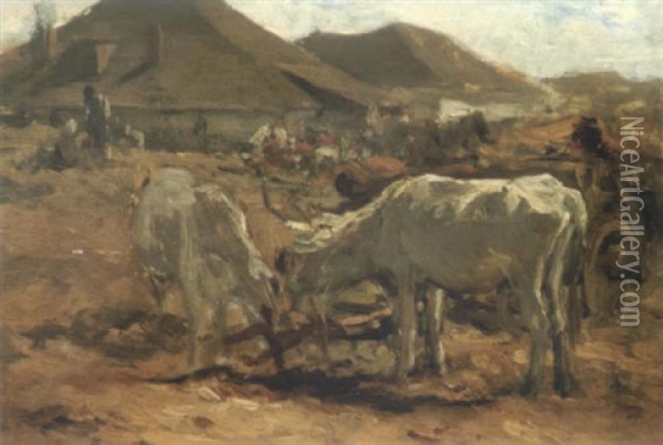 Ungarisches Dorf. Vorne Ausgespannte Ochsen Bei Einem Wagen Oil Painting - August Xaver Carl von Pettenkofen