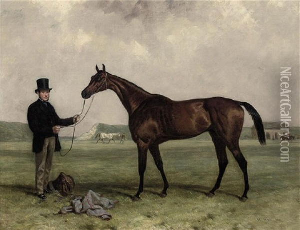 Gamester, Winner Of The Doncaster And Newmarket St. Legers, Held By A Groom, At Newmarket Oil Painting - Harry Hall