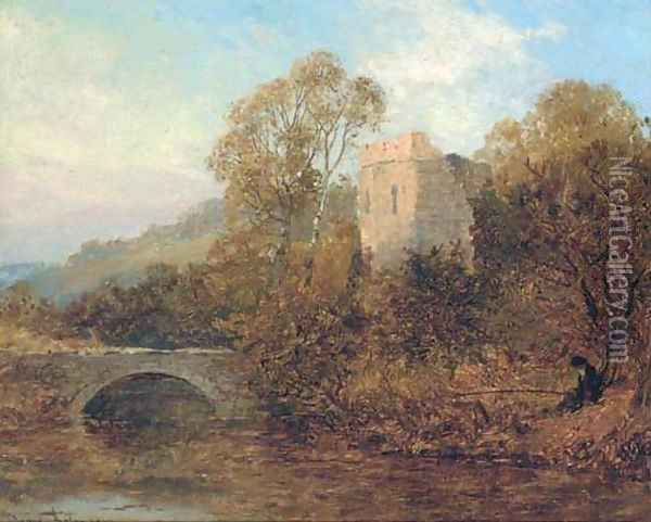 An angler by a castle ruin Oil Painting - David Bates