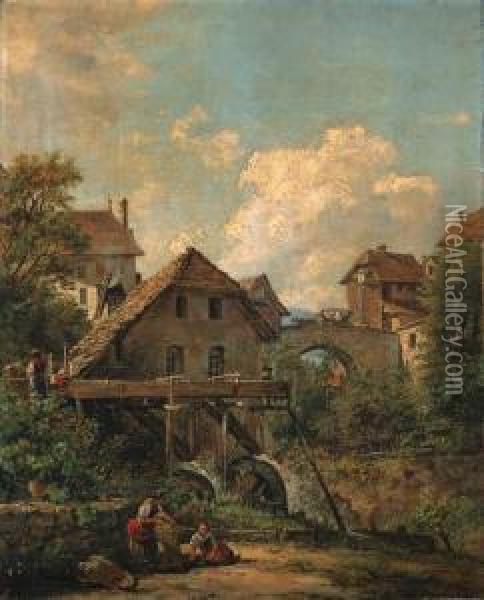 Continental Views: Women By A 
Watermill; And A Drover And Yokedcattle Before A Lakeside Castle Oil Painting - Jacob George Strutt