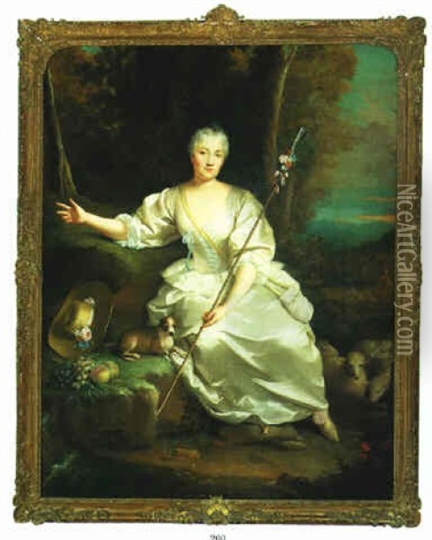 Portrait Of The Marquise De Changey In The Guise Of A Shepherdess, In A Wooden Landscape With Her Dog Oil Painting - Jean Raoux