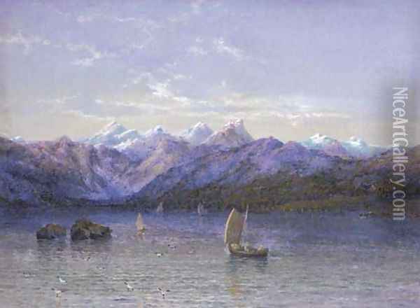 Midnight sun across the lake, Norway Oil Painting - Edgar E. West
