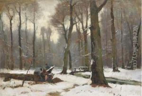Winter In Haagsche Bosch: Woodcutters At Work Oil Painting - Frits Mondriaan