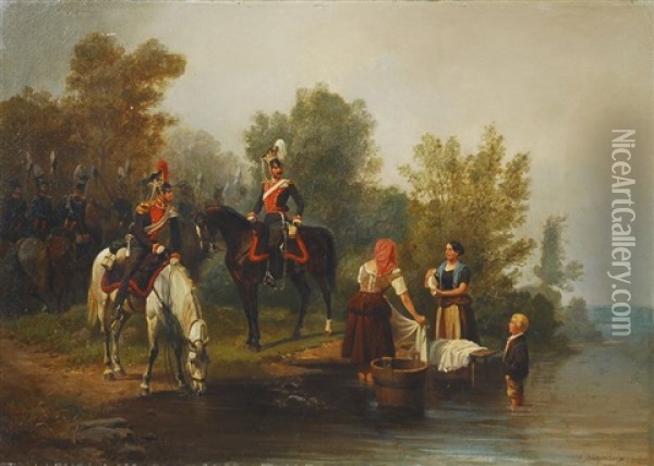 Soldaten Und Wascherinnen Am Fluss Oil Painting - Wilhelm Alexander Meyerheim