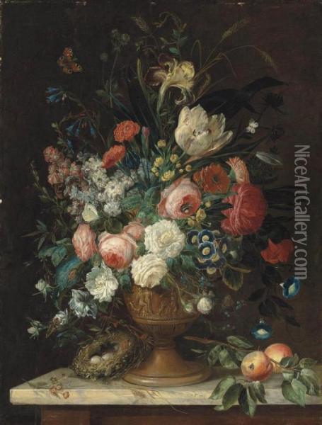 Roses, Tulips, Carnations, 
Morning Glories, Irises And Other Flowers In A Relief Vase, A Bird's 
Nest With Eggs And Peaches On A Marble Topped Table, With A Peacock 
Butterfly, A Brimstone, A Bumble-bee And Other Insects Oil Painting - Jan van Os