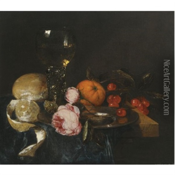 A Still Life With A Roemer, A Peeled Lemon, Bread, Roses On A Pewter Plate, An Orange And Cherries, All On A Draped Table Oil Painting - Abraham van Beyeren