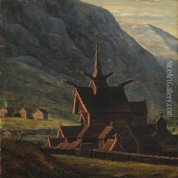 Borgund Church In Laerdal, Norway Oil Painting - Knud Andreassen Baade