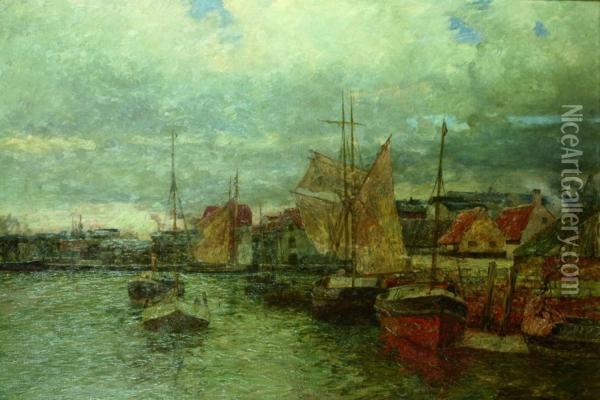 Fischerboote Im Hafen. Oil Painting - Andreas Dirks